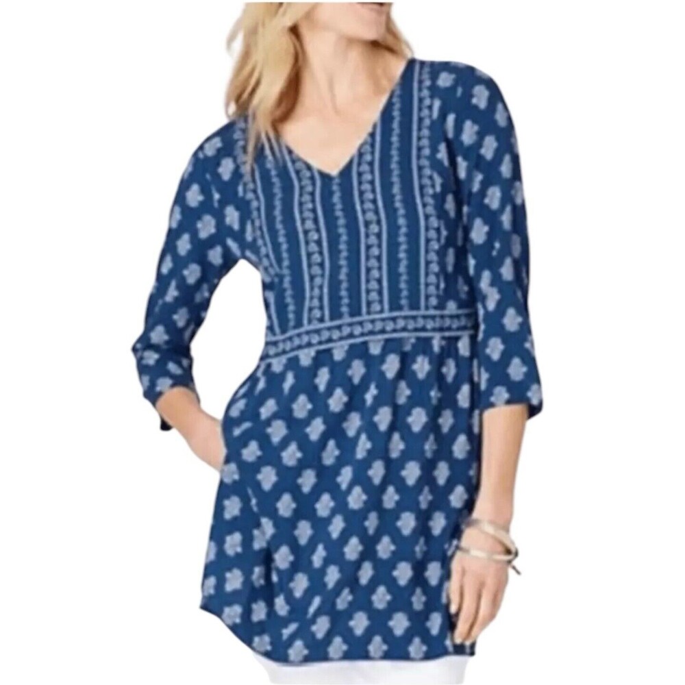 J Jill Top Womens Size L Seaside Woodblock Tunic Rayon 3/4 Sleeve Boho Coastal